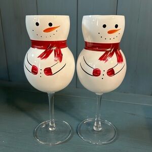 Festive Snowman Wine Glass Set of 2 - Red and White